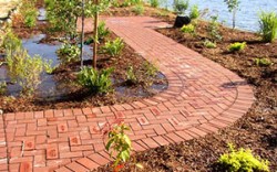 Red brick walkway through garden